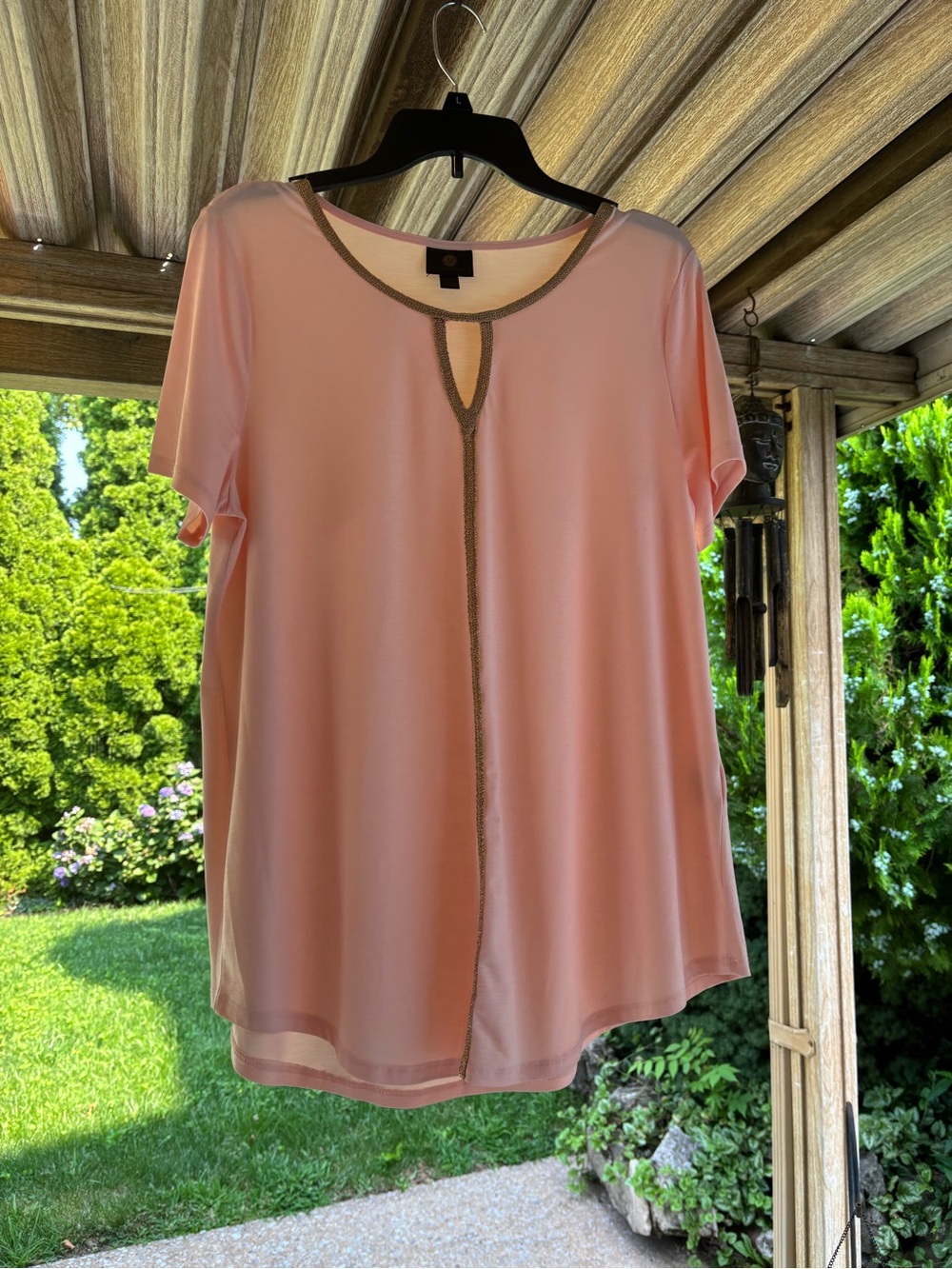 JM Collection Blush Pink Short-Sleeve Keyhole Top with Metallic Trim